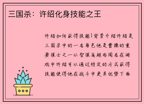 三国杀：许绍化身技能之王